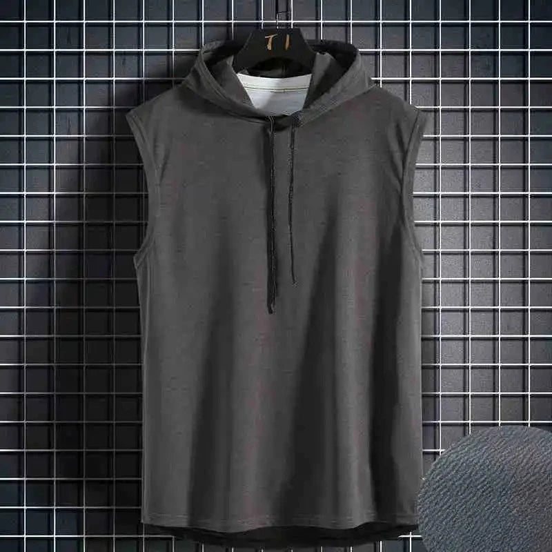 Men's Sleeveless Hooded Vests Summer Loose Fit Solid Hip Hop Tee Shirt Top Polyester Knit Male Fashion Running T-Shirt