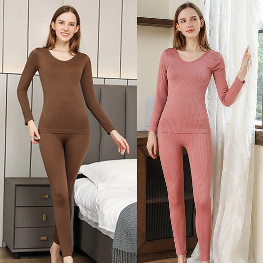 Warm Thermal Underwear Set for Women Sexy Shaped Long Johns Middle Collar Thermal Shaping Clothes Cotton Spanex Blend Daily Wear