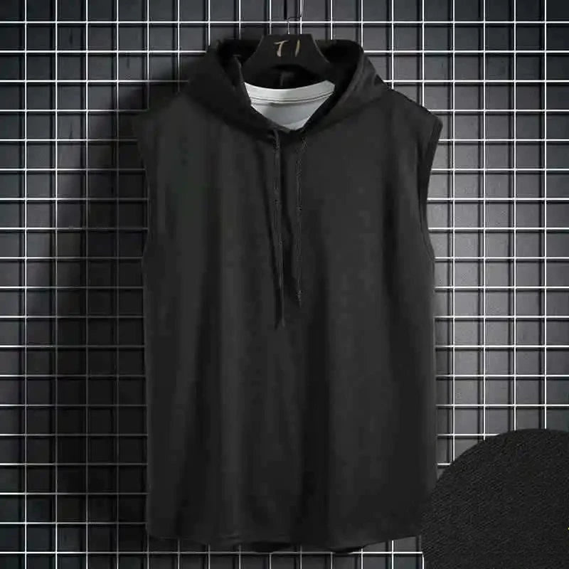 Men's Sleeveless Hooded Vests Summer Loose Fit Solid Hip Hop Tee Shirt Top Polyester Knit Male Fashion Running T-Shirt