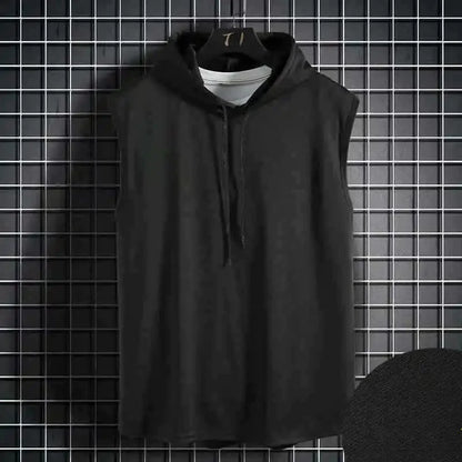 Men's Sleeveless Hooded Vests Summer Loose Fit Solid Hip Hop Tee Shirt Top Polyester Knit Male Fashion Running T-Shirt
