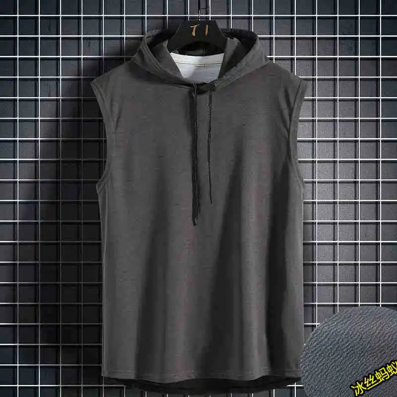 Men's Sleeveless Hooded Vests Summer Loose Fit Solid Hip Hop Tee Shirt Top Polyester Knit Male Fashion Running T-Shirt