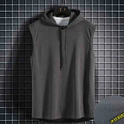 Men's Sleeveless Hooded Vests Summer Loose Fit Solid Hip Hop Tee Shirt Top Polyester Knit Male Fashion Running T-Shirt
