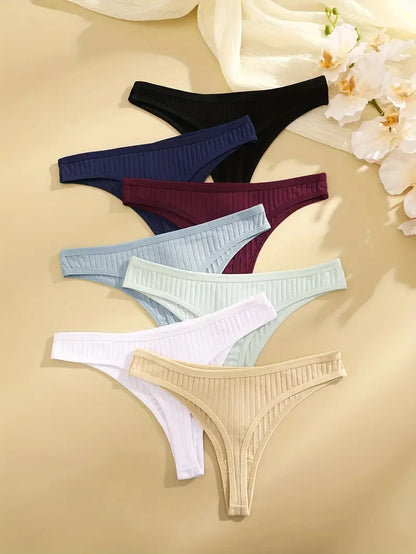 6Pcs Women's Low Rise Cotton Thongs Panties Set G-String Bikini 7 Solid Colors Soft Intimate Underwear Sizes S-XL for Ladies