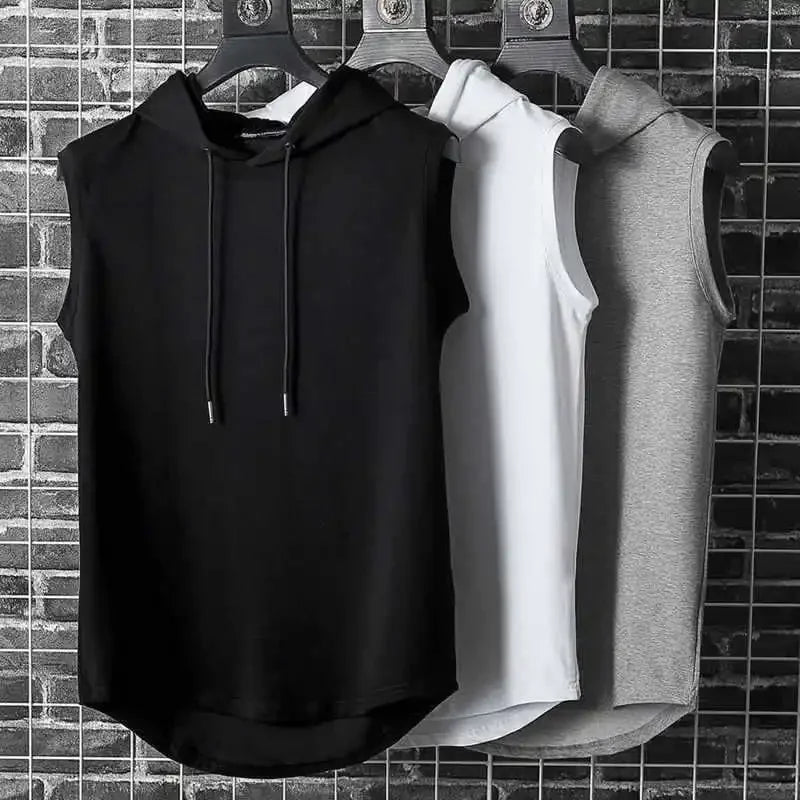 Men's Sleeveless Hooded Vests Summer Loose Fit Solid Hip Hop Tee Shirt Top Polyester Knit Male Fashion Running T-Shirt