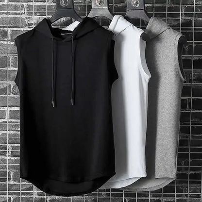 Men's Sleeveless Hooded Vests Summer Loose Fit Solid Hip Hop Tee Shirt Top Polyester Knit Male Fashion Running T-Shirt