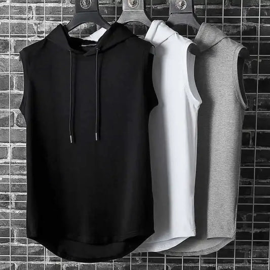 Men's Sleeveless Hooded Vests Summer Loose Fit Solid Hip Hop Tee Shirt Top Polyester Knit Male Fashion Running T-Shirt
