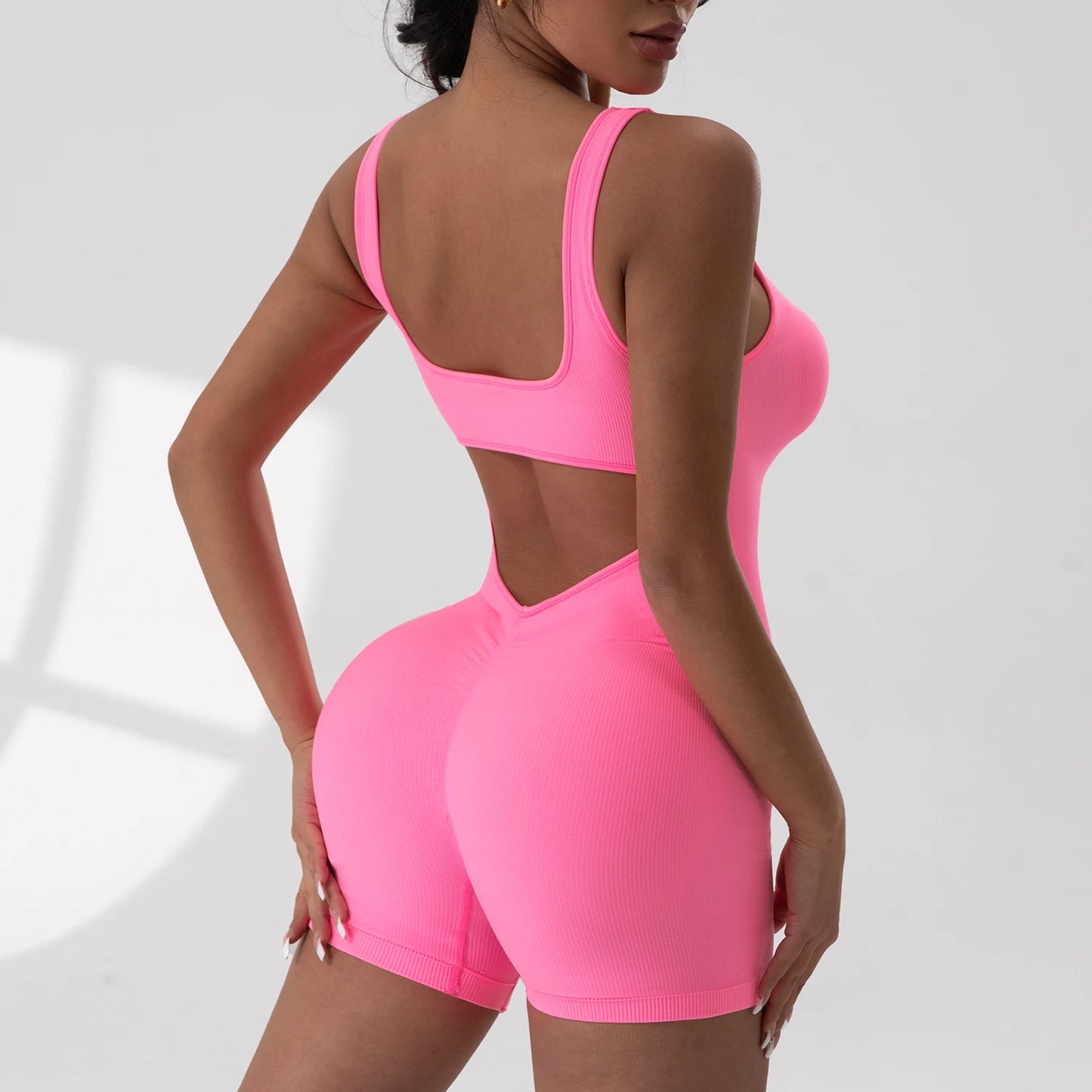 Women's Sexy V-Neck Jumpsuit High Waist Fitness Casual Yoga Workout Romper Summer Tie Dye Short Length Elastic Knitted