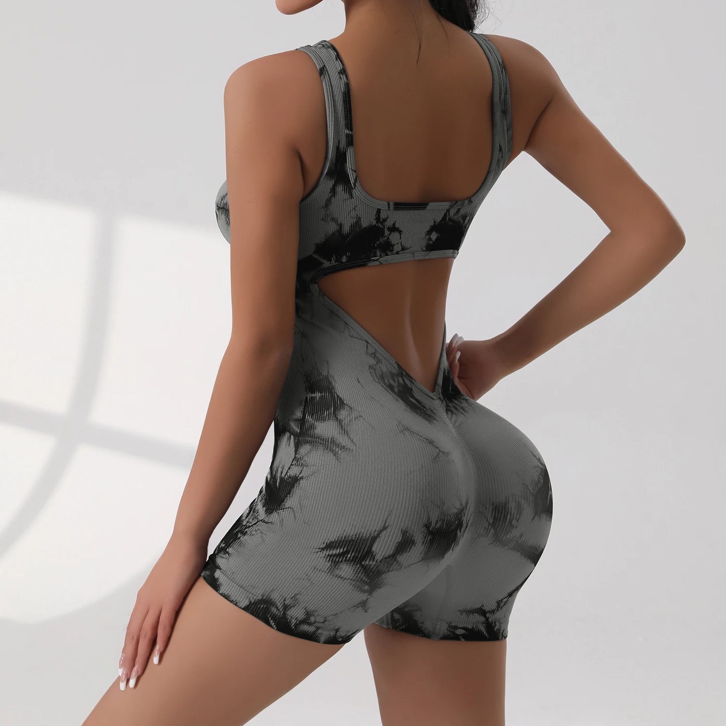 Women's Sexy V-Neck Jumpsuit High Waist Fitness Casual Yoga Workout Romper Summer Tie Dye Short Length Elastic Knitted