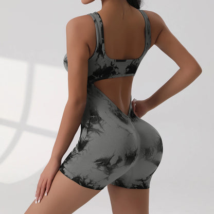 Women's Sexy V-Neck Jumpsuit High Waist Fitness Casual Yoga Workout Romper Summer Tie Dye Short Length Elastic Knitted