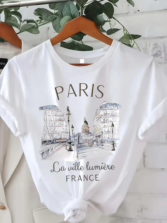 T-shirt imprimé Paris années 90 pour femme, manches courtes, col rond, style décontracté, polyester, collection printemps-été, vêtements pour jeunes femmes d'âge mûr