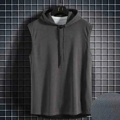 Men's Sleeveless Hooded Vests Summer Loose Fit Solid Hip Hop Tee Shirt Top Polyester Knit Male Fashion Running T-Shirt