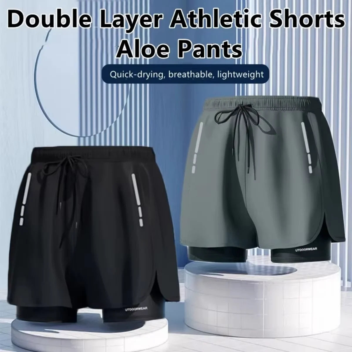 Men's Aloe Quick-Drying Athletic Swim Trunks Stylish Two-Layer Beach Pool Hot Spring Comfortable Fit Shorts