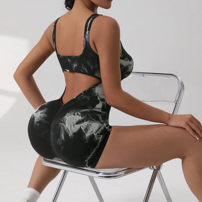 Women's Sexy V-Neck Jumpsuit High Waist Fitness Casual Yoga Workout Romper Summer Tie Dye Short Length Elastic Knitted