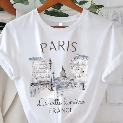 Women's 90s Paris Print T-Shirt Short Sleeve Crew Neck Casual Top Polyester Middle Age Girls Spring Summer Fashion Short Knit