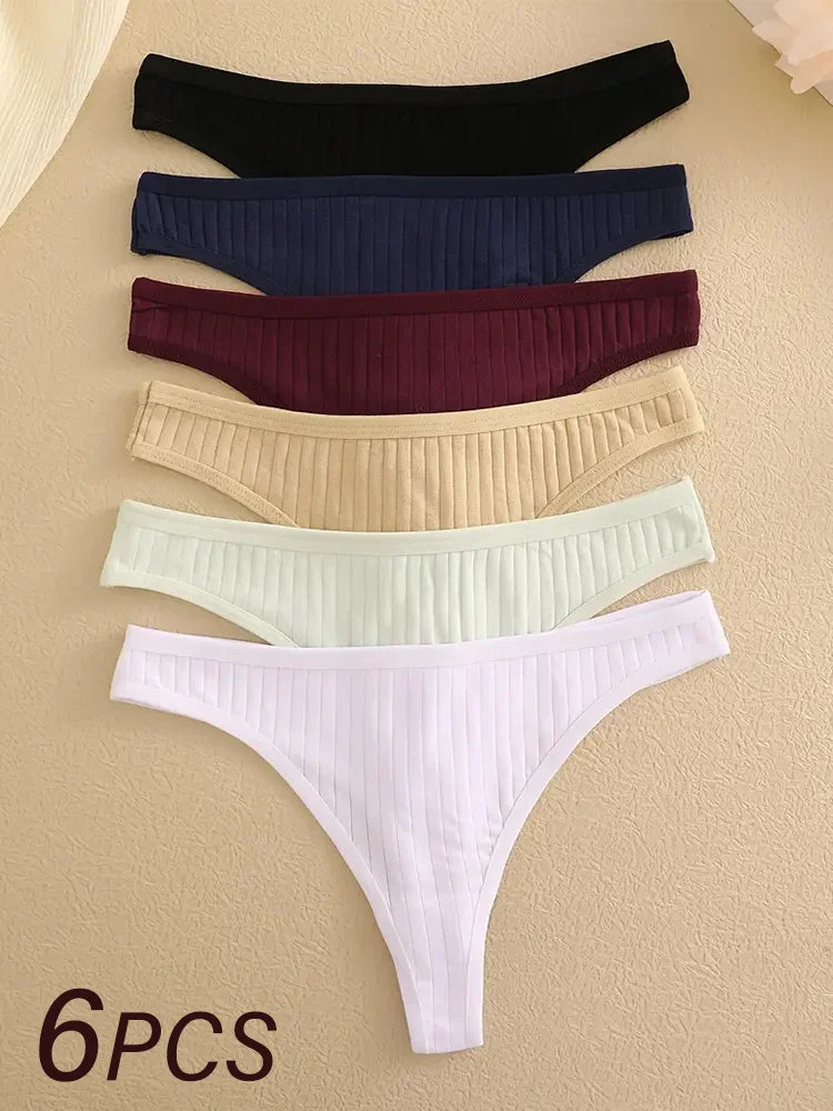 6Pcs Women's Low Rise Cotton Thongs Panties Set G-String Bikini 7 Solid Colors Soft Intimate Underwear Sizes S-XL for Ladies