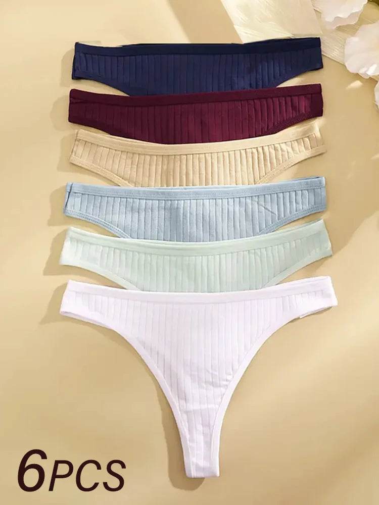 6Pcs Women's Low Rise Cotton Thongs Panties Set G-String Bikini 7 Solid Colors Soft Intimate Underwear Sizes S-XL for Ladies