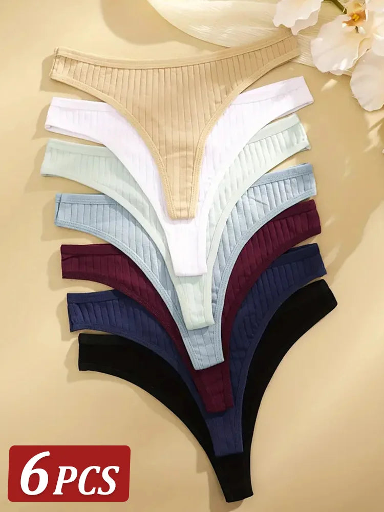 6Pcs Women's Low Rise Cotton Thongs Panties Set G-String Bikini 7 Solid Colors Soft Intimate Underwear Sizes S-XL for Ladies