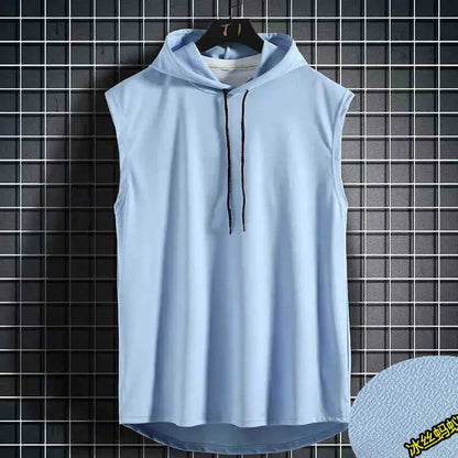 Men's Sleeveless Hooded Vests Summer Loose Fit Solid Hip Hop Tee Shirt Top Polyester Knit Male Fashion Running T-Shirt