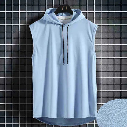 Men's Sleeveless Hooded Vests Summer Loose Fit Solid Hip Hop Tee Shirt Top Polyester Knit Male Fashion Running T-Shirt