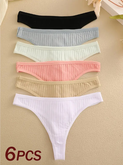 6Pcs Women's Low Rise Cotton Thongs Panties Set G-String Bikini 7 Solid Colors Soft Intimate Underwear Sizes S-XL for Ladies