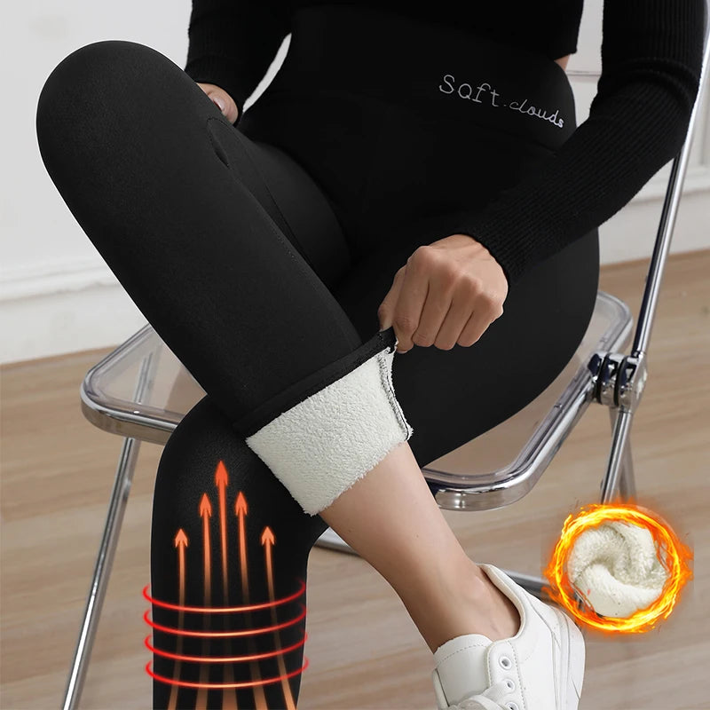 Women's Fleece Leggings S-XL High Waist Velvet Thicken Autumn Winter Warm Butt-Lifting Casual Wear Letter Embroidery Design