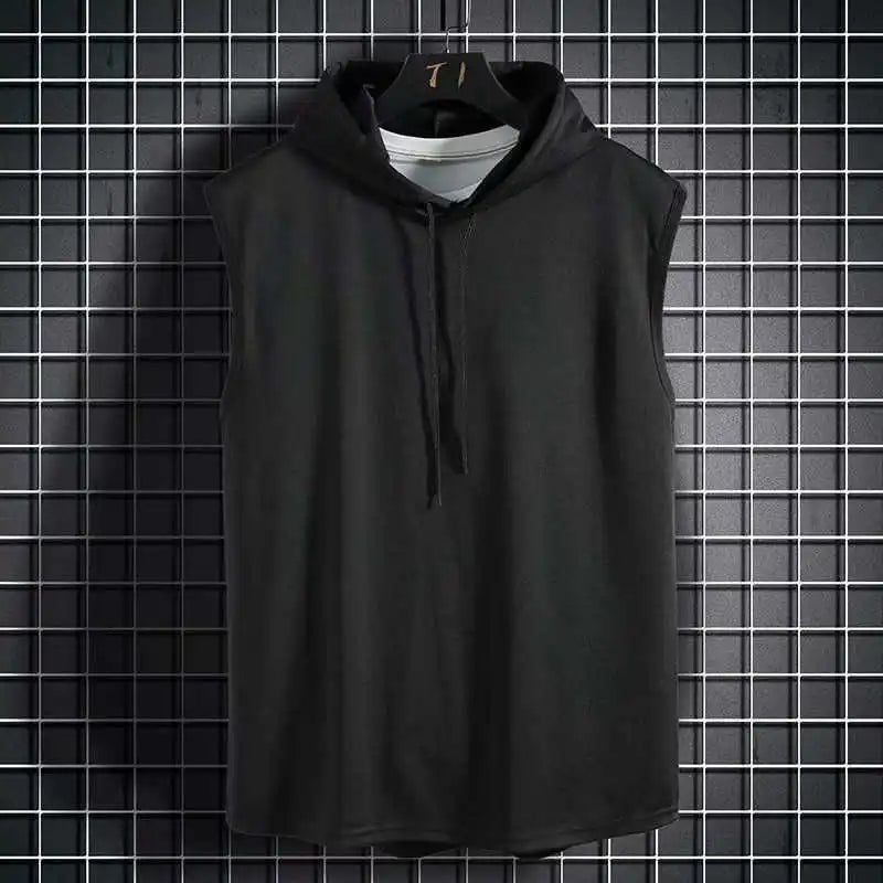 Men's Sleeveless Hooded Vests Summer Loose Fit Solid Hip Hop Tee Shirt Top Polyester Knit Male Fashion Running T-Shirt