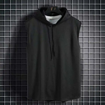 Men's Sleeveless Hooded Vests Summer Loose Fit Solid Hip Hop Tee Shirt Top Polyester Knit Male Fashion Running T-Shirt