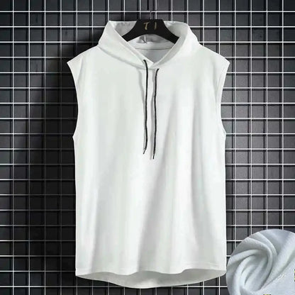 Men's Sleeveless Hooded Vests Summer Loose Fit Solid Hip Hop Tee Shirt Top Polyester Knit Male Fashion Running T-Shirt